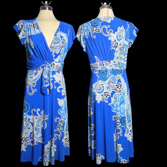 Evan Picone Blue Print Flare Dress Size 10 - Picture 4 of 16